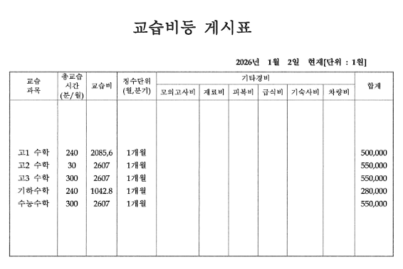 교습비등 게시표